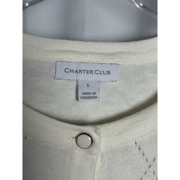 Charter Club Embroidery Flower Faux Pearl Argyle Cardigan Sz L - Picture 5 of 8